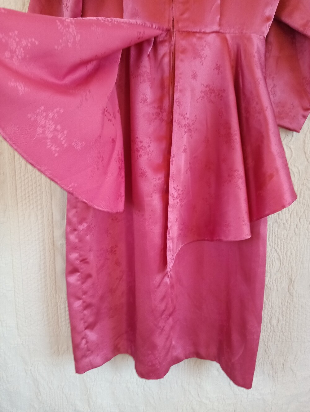 Vintage Pink Peplum Long-Sleeve Midi Dress Satin Floral 80s Barbie Girl OOAK 10 - Picture 12 of 16